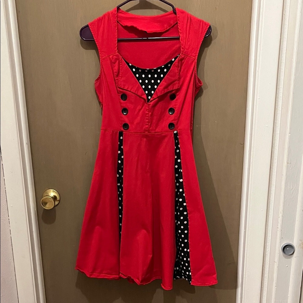 Red Sleeveless Dress with Polka Dot Accents